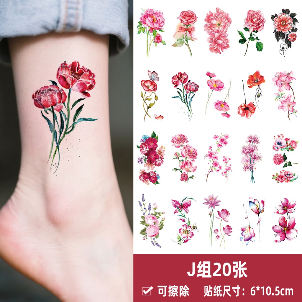 สีขนาดเล็กสติกเกอร์รอยสักหญิงกันน้ําสีแดงชุดพืชดอกไม้สีชมพูบรรยากาศฤดูร้อนรูปแบบใหม่เหมาะสําหรับสุภาพสตรี/สาวสามารถติดข้อเท้า/แขน/ข้อเท้าสติกเกอร์ภาพวาดชั่วคราวเทศกาลดนตรีศิลปะร่างก