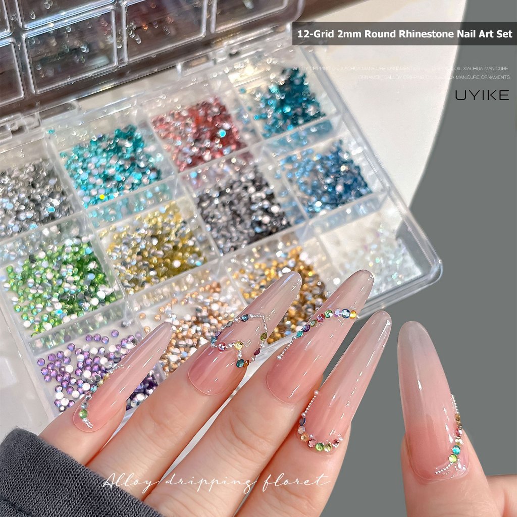 UYIKE 12-Grid รอบ Rhinestone เล็บชุด, 2 มม. หลายสี Flatback Rhinestones, Sparkly DIY ตกแต่งเล็บ
