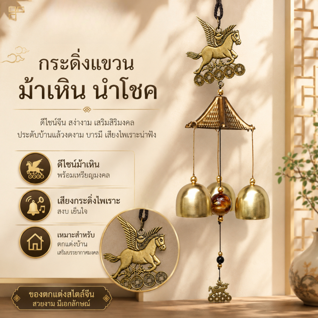 ระฆังลมทองเหลือง ระฆังลมลายช้าง ของแต่งบ้าน ของแขวนมงคล สไตล์วินเทจ เสริมโชคลาภ A00267