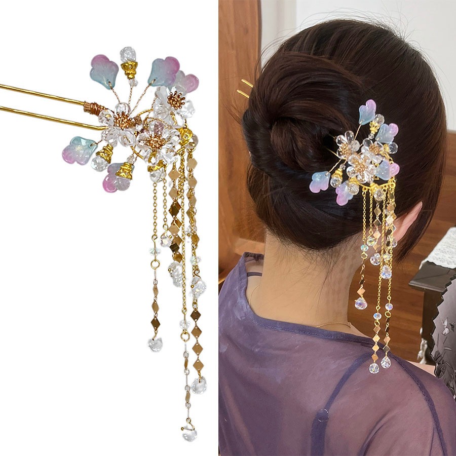 ใหม่สไตล์จีนสไตล์จีนดอกไม้กิ๊บพู่ยาวสีฟ้าสีม่วงคมชัดสีกิ๊บที่สง่างามดีงามกิ๊บอุปกรณ์ผม