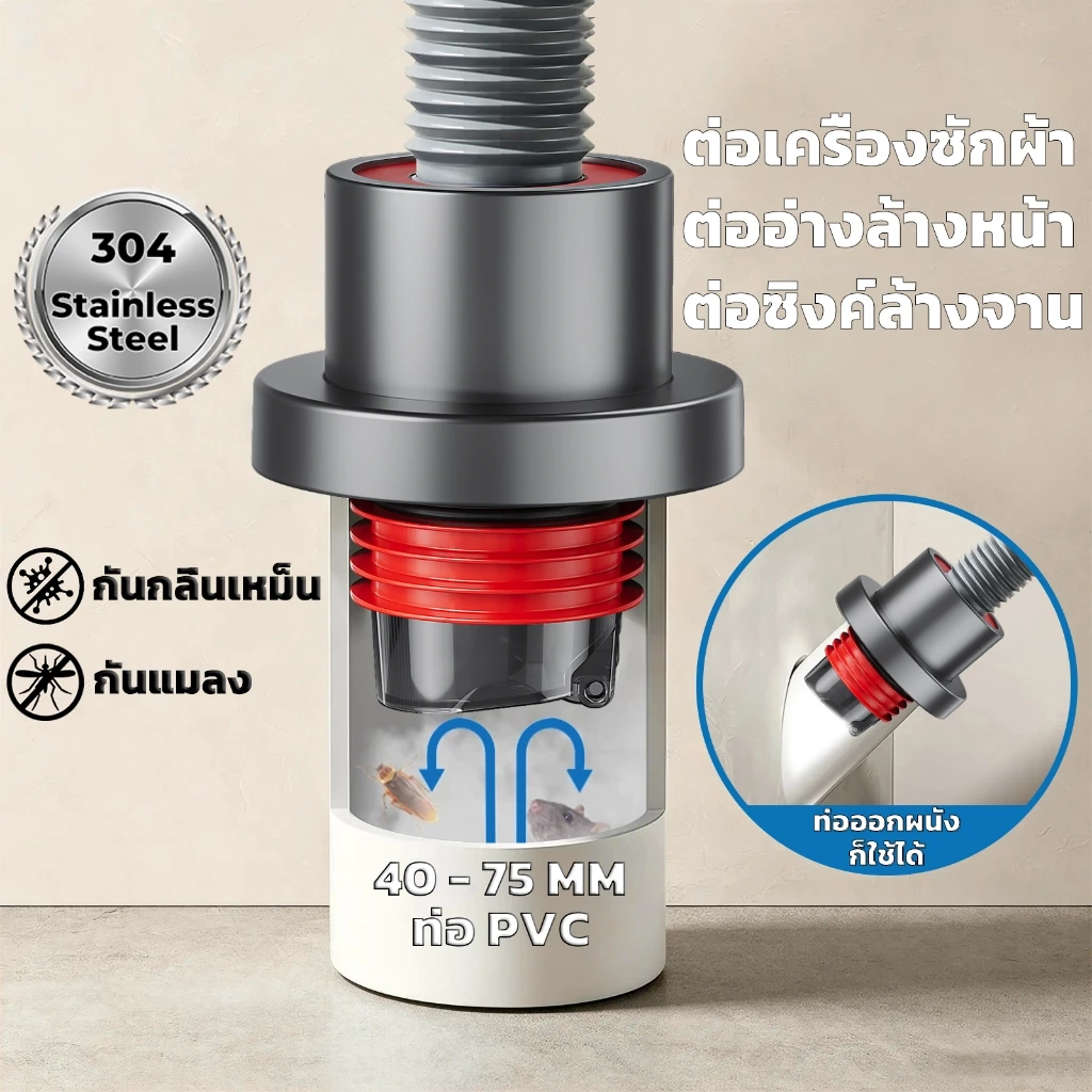 จุกซีลท่อน้ำทิ้งกันกลิ่น สแตนเลส กันแมลง กันน้ำล้น สำหรับอ่างล้างจาน ห้องครัว เครื่องซักผ้า HSAK