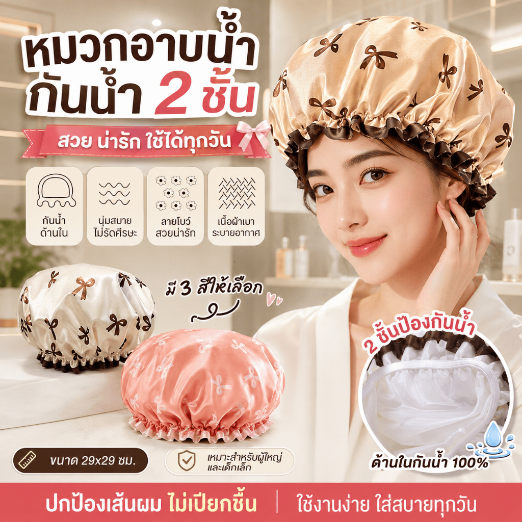 หมวกอาบน้ํา อาบน้ํา หมวกกันน้ํา วัสดุผ้าซาติน ลายน่ารัก ยืดหยุ่น สบาย มี 3 สี