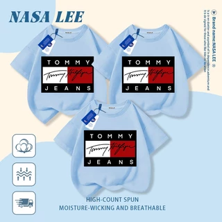 [กรุงเทพฯ จัดส่งภายในวันเดียว] นาซ่า เสื้อยืดผ้าฝ้ายแท้สีดําพ่อแม่และลูกสวมใส่เย็บตารางพิมพ์ครอบครัวสามสี่ปากหลวมสบายๆแขนสั