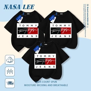 [กรุงเทพฯ จัดส่งภายในวันเดียว] นาซ่า เสื้อยืดผ้าฝ้ายแท้สีดําพ่อแม่และลูกสวมใส่เย็บตารางพิมพ์ครอบครัวสามสี่ปากหลวมสบายๆแขนสั
