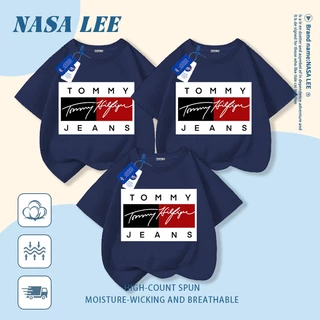 [กรุงเทพฯ จัดส่งภายในวันเดียว] นาซ่า เสื้อยืดผ้าฝ้ายแท้สีดําพ่อแม่และลูกสวมใส่เย็บตารางพิมพ์ครอบครัวสามสี่ปากหลวมสบายๆแขนสั