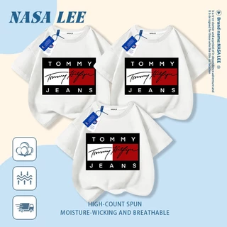 [กรุงเทพฯ จัดส่งภายในวันเดียว] นาซ่า เสื้อยืดผ้าฝ้ายแท้สีดําพ่อแม่และลูกสวมใส่เย็บตารางพิมพ์ครอบครัวสามสี่ปากหลวมสบายๆแขนสั