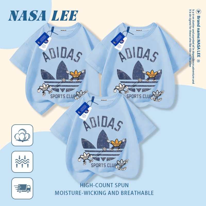 [จัดส่งภายในกทม. วันเดียว] นาซ่า สีฟ้าอ่อนผ้าฝ้ายระบายอากาศเสื้อยืดอินเทรนด์แบรนด์ดังพ่อแม่และลูกสวมใส่หลวมสบายๆครอบครัวสามสั้น-