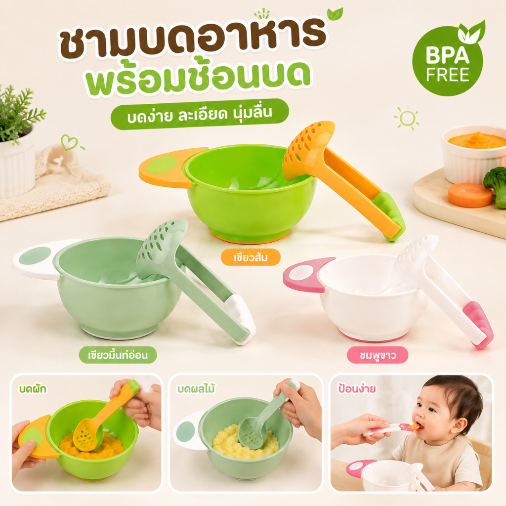 set 2 ชิ้น ถ้วยและด้ามบด บดอาหาร ผัก ผลไม้ และข้าวสำหรับเด็ก