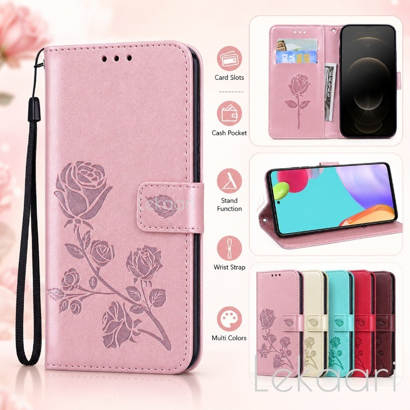 Bright สําหรับ Redmi 17C 15A 15C A7 A5 14C A4 A3 13C 13X หมายเหตุ 15 14 13 12 11A 11 11s A1 A2 10A 9T 9A 9C Pro Plus 5G ฝาครอบกระเป๋าสตางค์หนัง Blossom