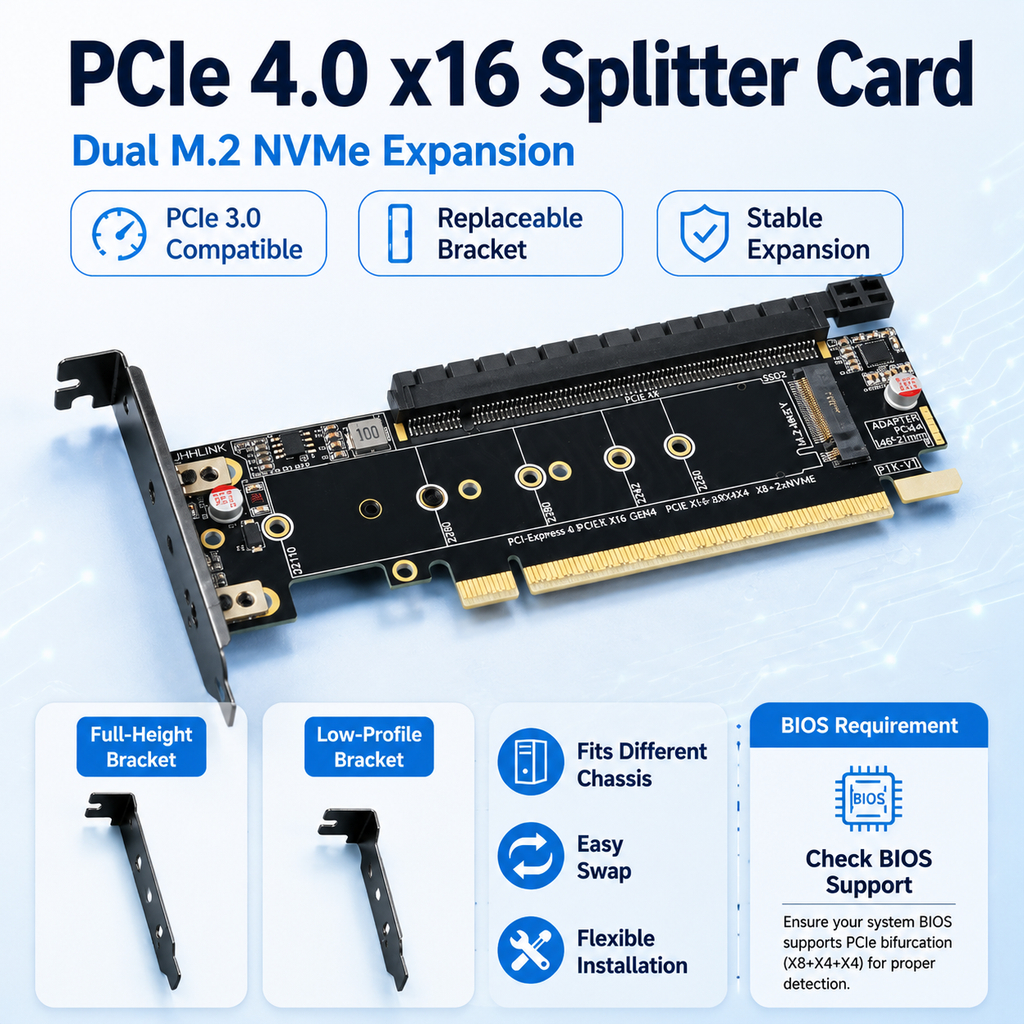 PCIe X16 to X8 + Dual M.2 SSD Adapter Card Gen4 Clock Split Independent Power การ์ดแปลง PCIe X16 เป็