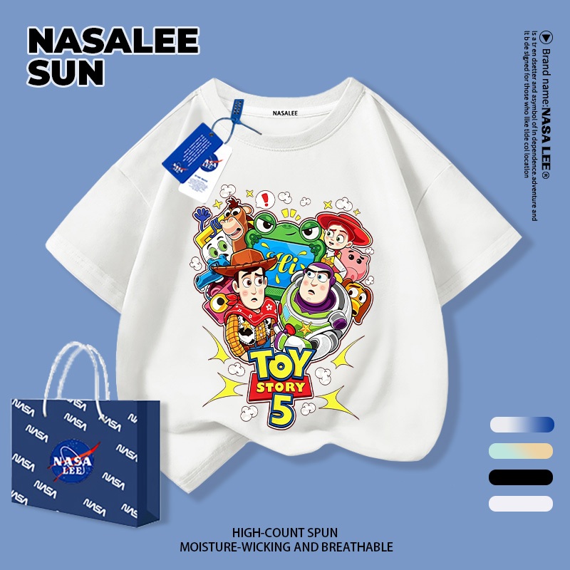 [กรุงเทพฯ จัดส่ง] เด็กผ้าฝ้ายเสื้อยืดสีขาวออกแบบการ์ตูนผ้ายีนส์และอวกาศสนุกพิมพ์ฤดูร้อนเสื้อผ้าระบายอากาศแขนสั้นเหมาะสําหรับ 3-16ชายหญิง
