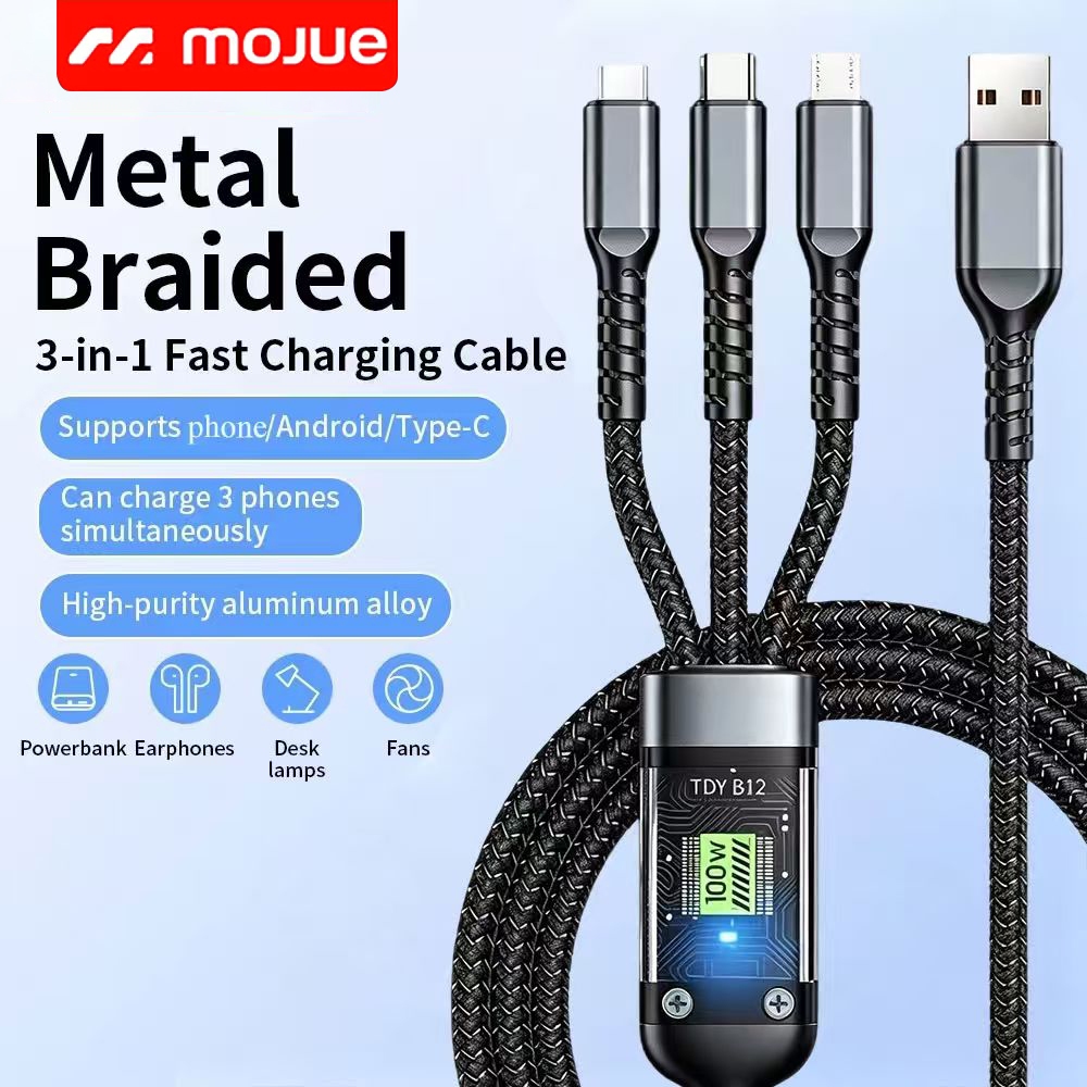 MOJUE 100W สายชาร์จเร็ว 3 อิน 1 รองรับ iP/And&oid/Type-C วัสดุอลูมิเนียมอัลลอย ยาว 1.2 เมตร