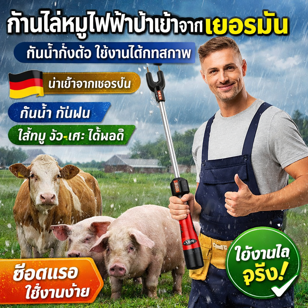 ก้านไล่หมูไฟฟ้านำเข้าจากเยอรมัน กันน้ำทั้งตัว ใช้งานได้ทุกสภาพอากาศ ไล่หมู วัว แกะ ได้ผล ใช้งานง่าย