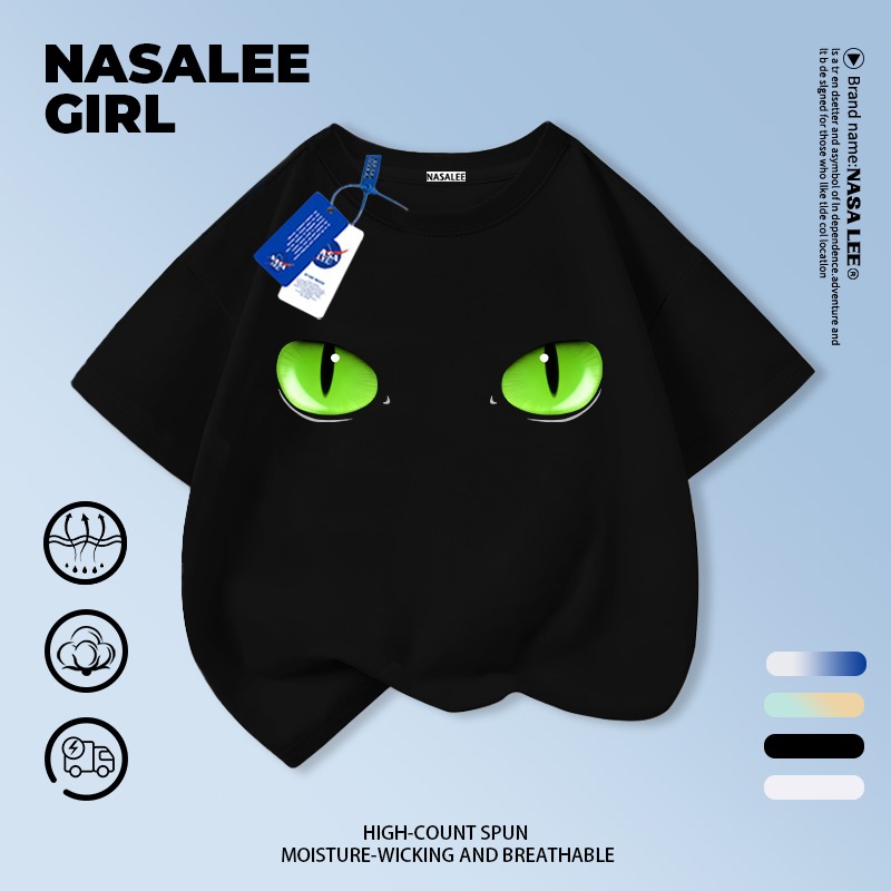 [กรุงเทพฯ จัดส่ง] เด็กผ้าฝ้ายสีดําเสื้อยืดการออกแบบการ์ตูนรู้สึกสีเขียวตาสนุกพิมพ์ฤดูร้อนระบายอากาศเสื้อผ้าแขนสั้นเหมาะสําหรับ3-16ชายหญิง