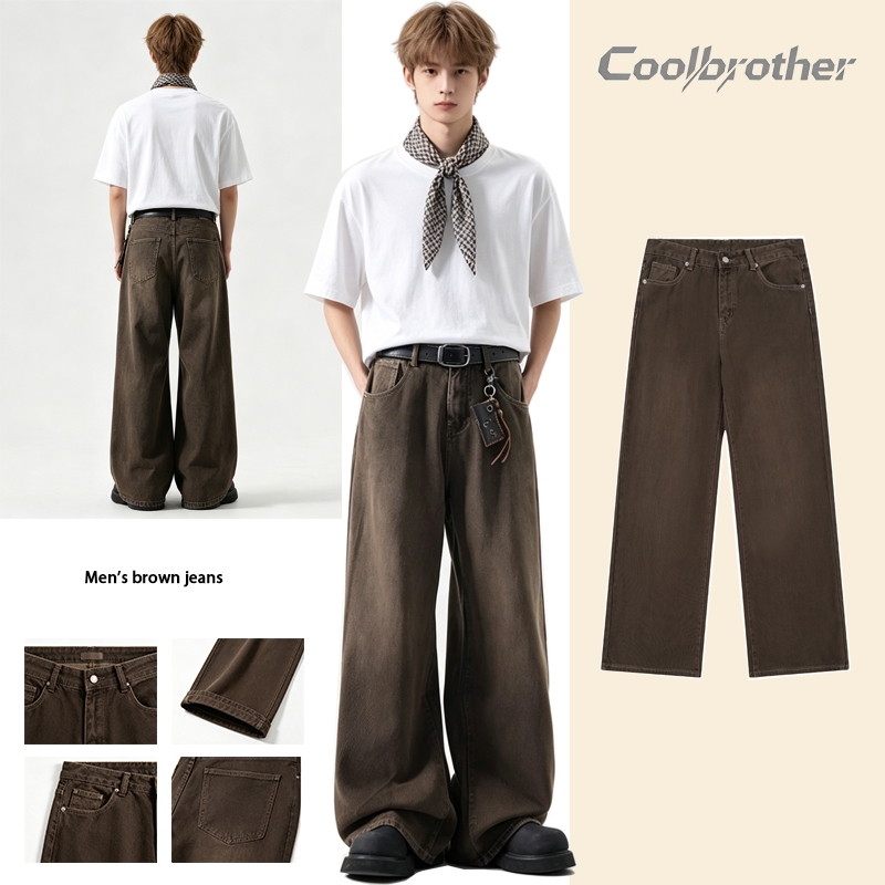 [COOL BROTHER]กางเกงยีนส์สีน้ำตาลอเมริกันเวสน์ แบบฟิตติ้งทั้งผู้ชายและผู้หญิง ทรงหลวมขากว้างสวมใส่ง่าย