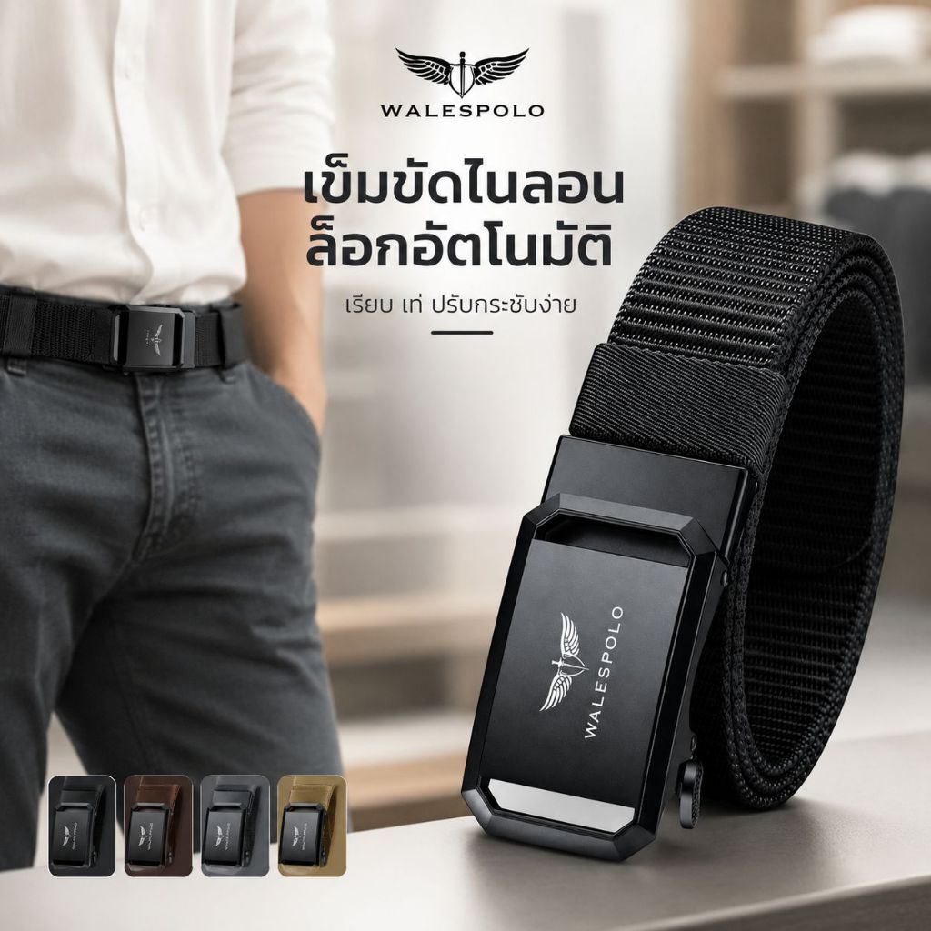 WALESPOLO เข็มขัดหัวเข็มขัดอัตโนมัติ ทำจากไนลอน มีให้เลือก 4 สี เหมาะสำหรับผู้ชาย