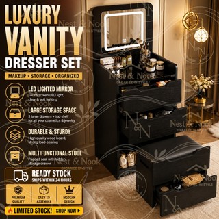 【SG STOCK】Dressing Table With Mirror Apartment Bedroom Vanity Integrated Storage Cabinet Bedside Table With Drawer Small Dresser Table