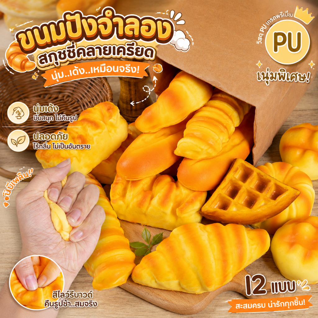 ของเล่นบีบคลายเครียด Squishy ขนมปังครัวซองต์ PU Slow Rebound นุ่มเด้ง คืนรูปช้า เหมือนจริง