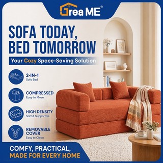【20 Years Warranty】Dreame Fumniture Folding Sofabed Integrated Dual-purpose Full Sponge Roll Pack Compressed Fabric Sofa for Living Room