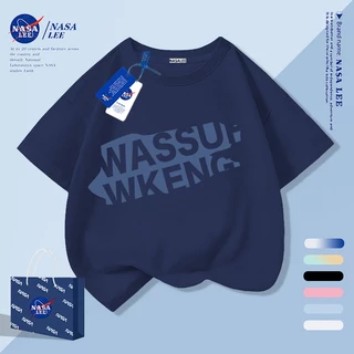 [จัดส่งภายในกรุงเทพวันเดียว] เสื้อยืดเด็กสีกรมท่าผ้าฝ้ายแท้ระบายอากาศบรรยากาศตัวอักษรสีฟ้าการ์ตูนไร้เดียงสาลายน่ารัก3-16ปีหลวมสบายๆสั้น@