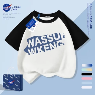 [จัดส่งภายในกรุงเทพวันเดียว] เสื้อยืดเด็กสีกรมท่าผ้าฝ้ายแท้ระบายอากาศบรรยากาศตัวอักษรสีฟ้าการ์ตูนไร้เดียงสาลายน่ารัก3-16ปีหลวมสบายๆสั้น@
