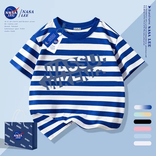 [จัดส่งภายในกรุงเทพวันเดียว] เสื้อยืดเด็กสีกรมท่าผ้าฝ้ายแท้ระบายอากาศบรรยากาศตัวอักษรสีฟ้าการ์ตูนไร้เดียงสาลายน่ารัก3-16ปีหลวมสบายๆสั้น@