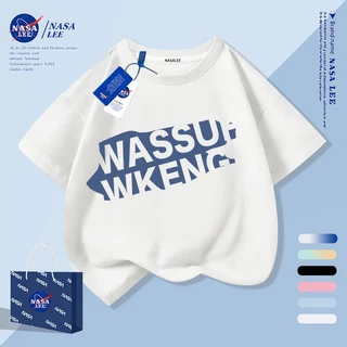 [จัดส่งภายในกรุงเทพวันเดียว] เสื้อยืดเด็กสีกรมท่าผ้าฝ้ายแท้ระบายอากาศบรรยากาศตัวอักษรสีฟ้าการ์ตูนไร้เดียงสาลายน่ารัก3-16ปีหลวมสบายๆสั้น@