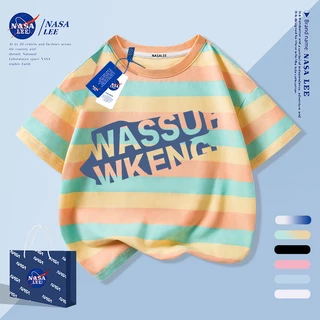 [จัดส่งภายในกรุงเทพวันเดียว] เสื้อยืดเด็กสีกรมท่าผ้าฝ้ายแท้ระบายอากาศบรรยากาศตัวอักษรสีฟ้าการ์ตูนไร้เดียงสาลายน่ารัก3-16ปีหลวมสบายๆสั้น@