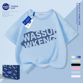 [จัดส่งภายในกรุงเทพวันเดียว] เสื้อยืดเด็กสีกรมท่าผ้าฝ้ายแท้ระบายอากาศบรรยากาศตัวอักษรสีฟ้าการ์ตูนไร้เดียงสาลายน่ารัก3-16ปีหลวมสบายๆสั้น@