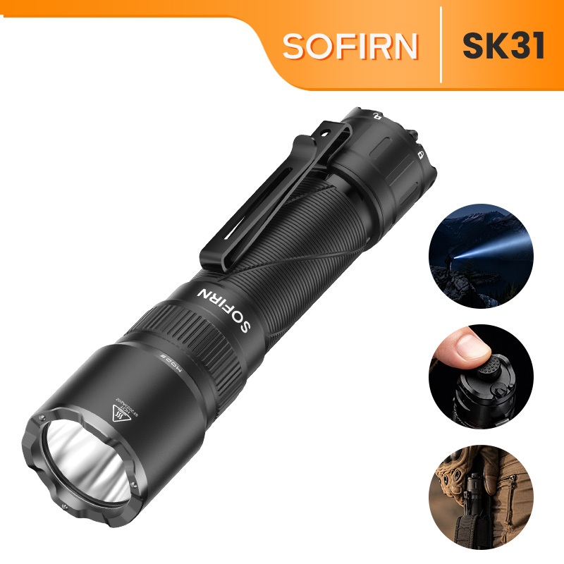 SOFIRN SK31 ไฟฉายยุทธวิธี 6800 Lumens ไฟฉาย LED แบบชาร์จไฟได้ 395m ยาวโยน Dual Mode ยุทธวิธี + กลางแจ้ง IPX8 กันน้ํา 21700 แบตเตอรี่ EDC