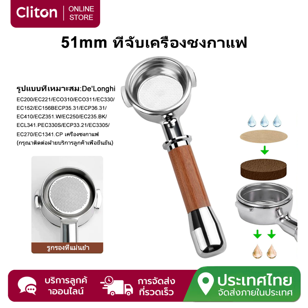 Cliton 51mm Bottomless Portafilter (2 หู) สําหรับเครื่องเอสเปรสโซ DeLonghi เข้ากันได้กับ EC | ด้ามไม