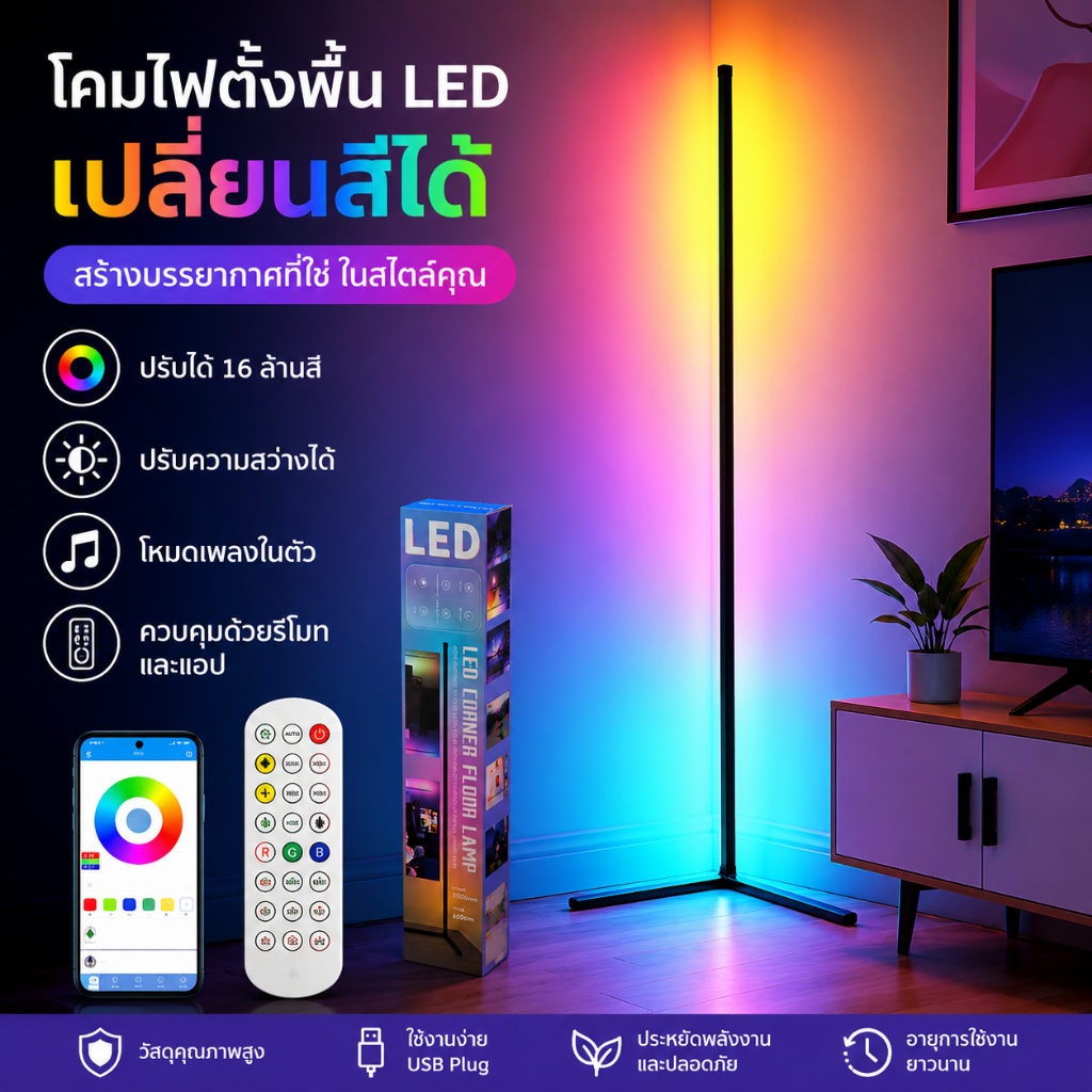 NHLS โคมไฟตั้งพื้น LED RGB เปลี่ยนสีได้ 16 ล้านสี ควบคุมด้วยแอพและรีโมท ไฟกระพริบตามเสียงเพลง ไฟแต่งห้องนอน ห้องนั่งเล่น พร้อมส่ง