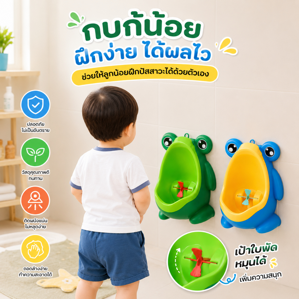 โถปัสสาวะเด็กชาย ติดผนัง ปรับความสูงได้ ป้องกันการกระเด็นและรั่ว ทำความสะอาดง่าย ลวดลายการ์ตูน พร้อมอุปกรณ์ครบชุด