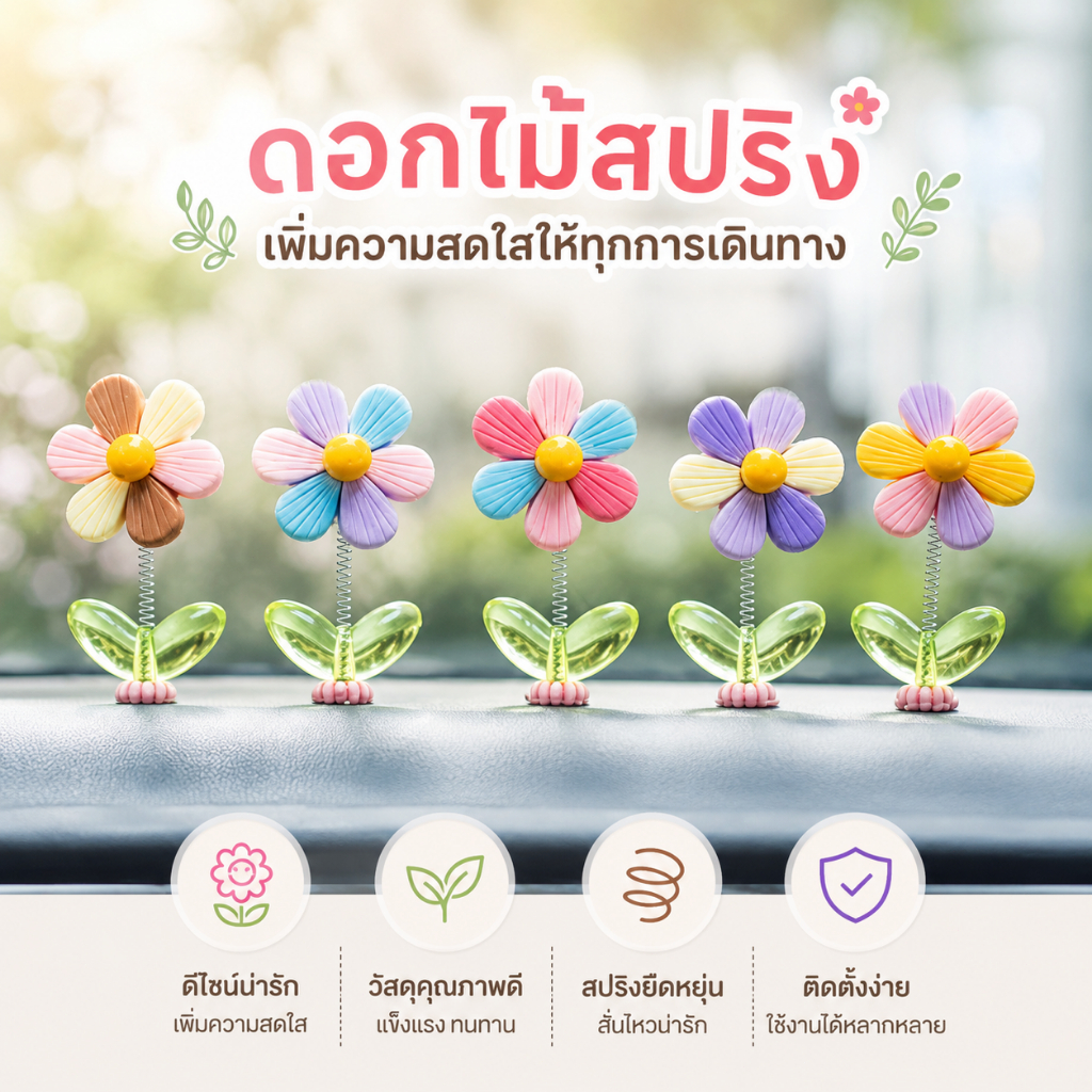 ดอกไม้ตกแต่งในรถ 5 ดอก ของแต่งรถยนต์ ของแต่งหน้ารถ สปริงกันสะเทือน สีพาสเทล น่ารัก แต่งคอนโซลรถ A00308