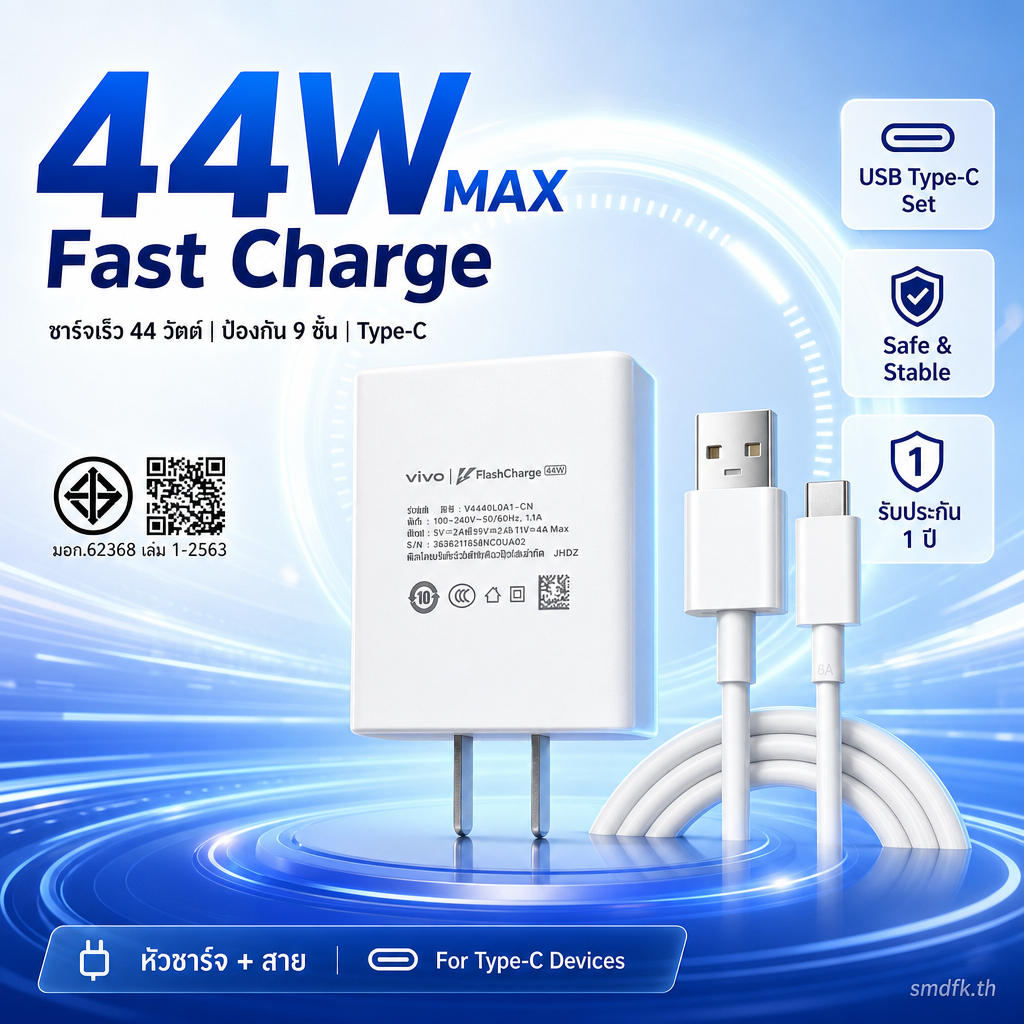 หัวชาร์จเร็ว Vivo 44W Type-C ชุดแท้หัว+สาย 4A ชาร์จไว รองรับ V23E V23 V21 V20 V19 V17 X50 Y72 S1PRO 