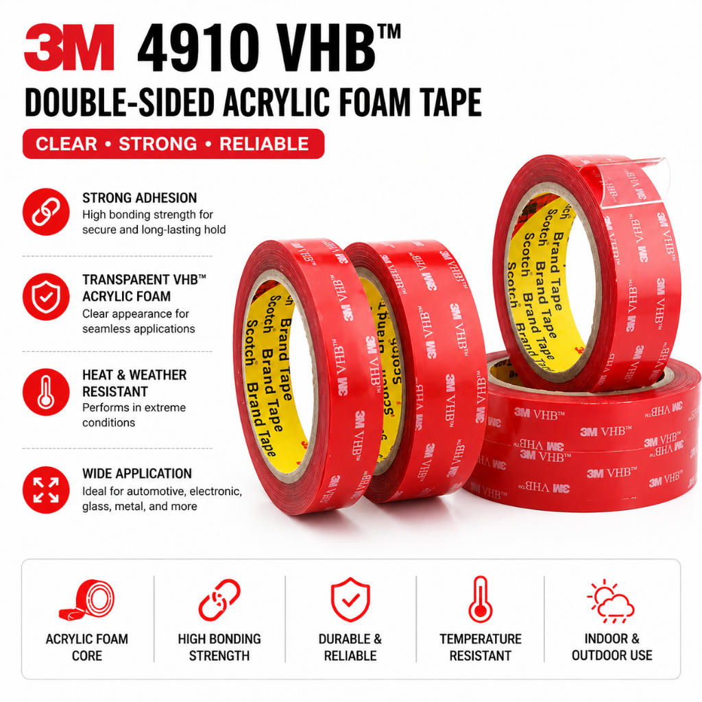 3M VHB 4910 เทปสองด้านอุณหภูมิสูงโปร่งใสอะคริลิคใสโฟมกาว 1.0 มม.หนาสําหรับรถ Office Home