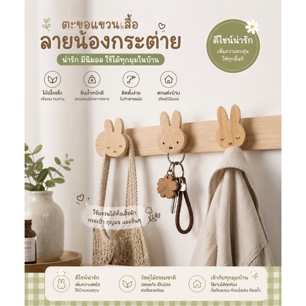 Kapplin🧸Miffy ตะขอแขวนไม้แท้ ลายมิฟฟี่ แบบกาวติดผนัง ไม่ต้องเจาะ ตะขอแขวนเสื้อ ตะขอหลังประตู สำหรับห้องแต่งตัว