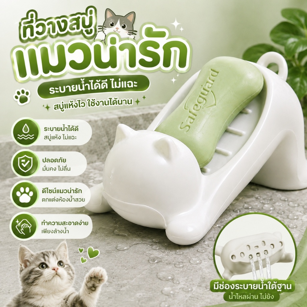 S00069  จานสบู่รูปแมวออกแบบน่ารักประหยัดพื้นที่