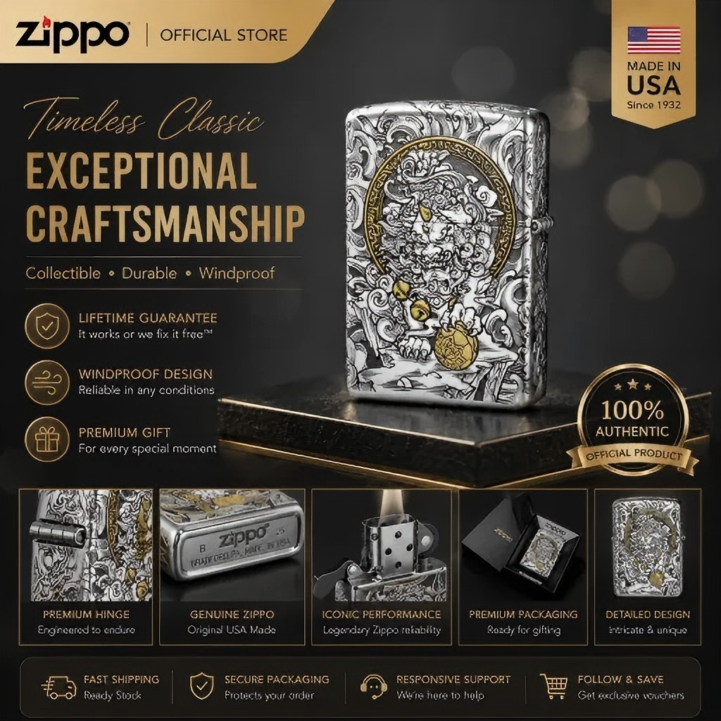 ZIPPO ไฟแช็กกันลมสิงโตสไตล์ Tang ของแท้อย่างเป็นทางการ LSD-00007