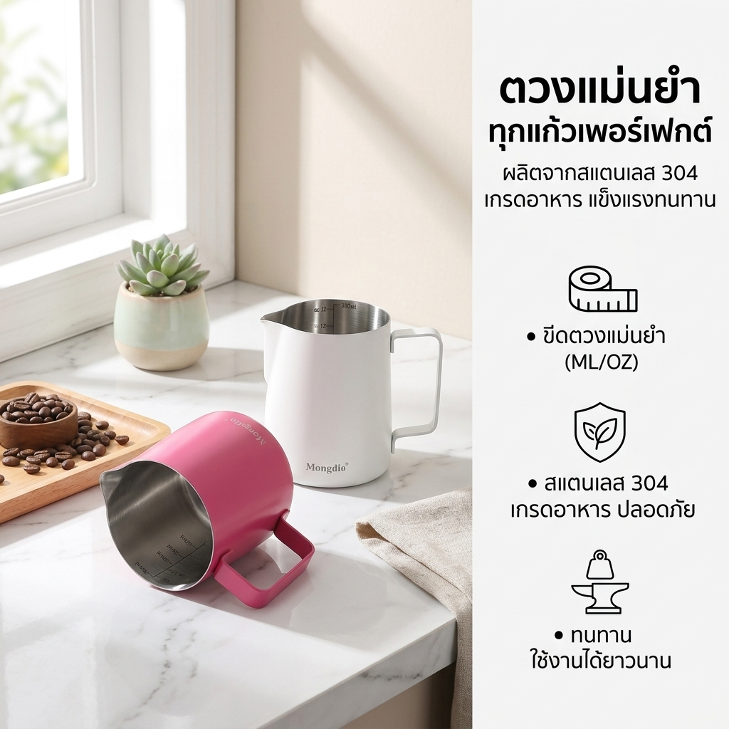 เหยือกตีฟองนมสแตนเลสมีสเกล แก้วลาเต้อาร์ตมืออาชีพ อุปกรณ์กาแฟใช้บ้านและร้าน