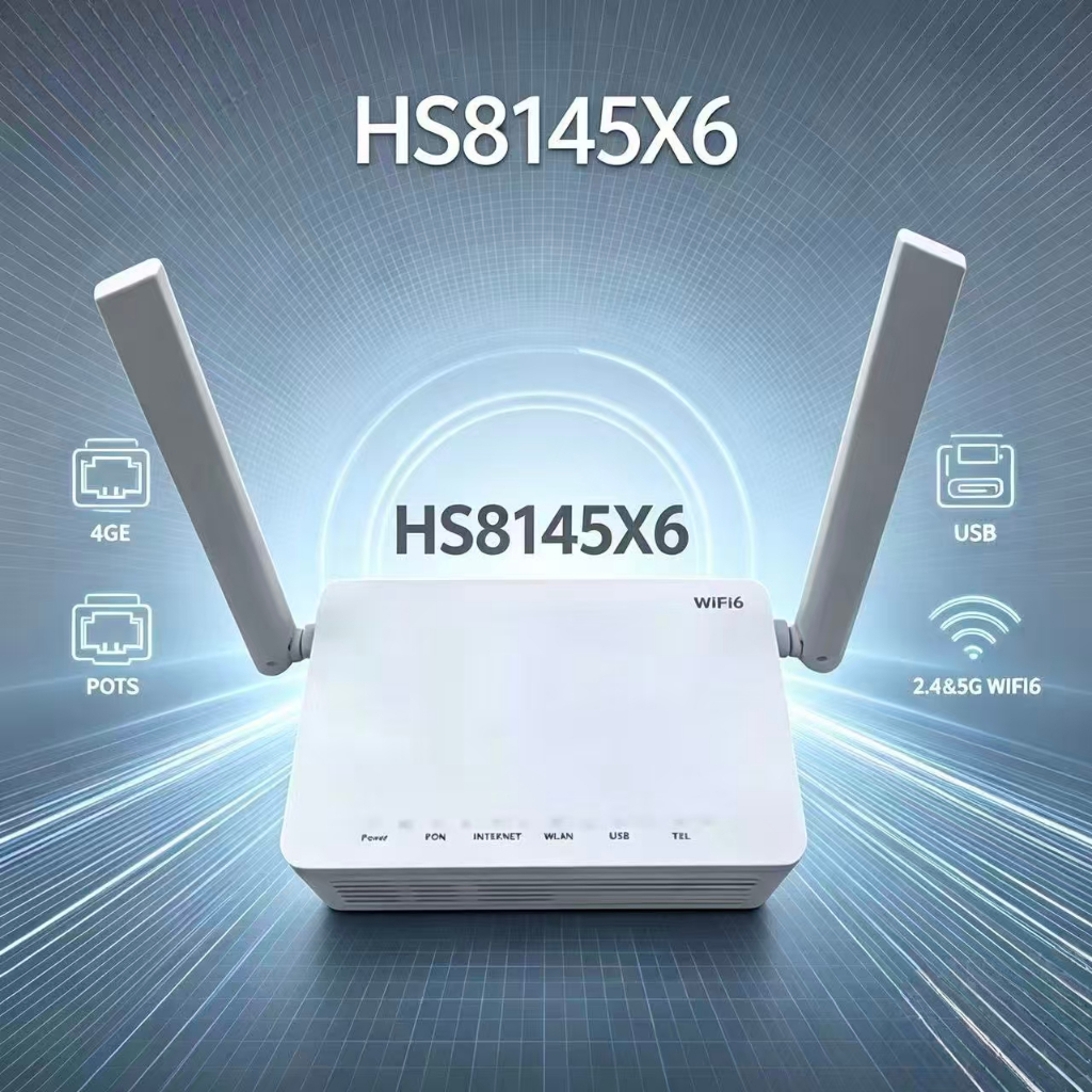 คลังสินค้าพร้อม HS8145X6 WiFi6 AX3000 GPON ONT โมเด็มไฟเบอร์ออปติก 4 พอร์ต Gigabit LAN พร้อมพอร์ต US