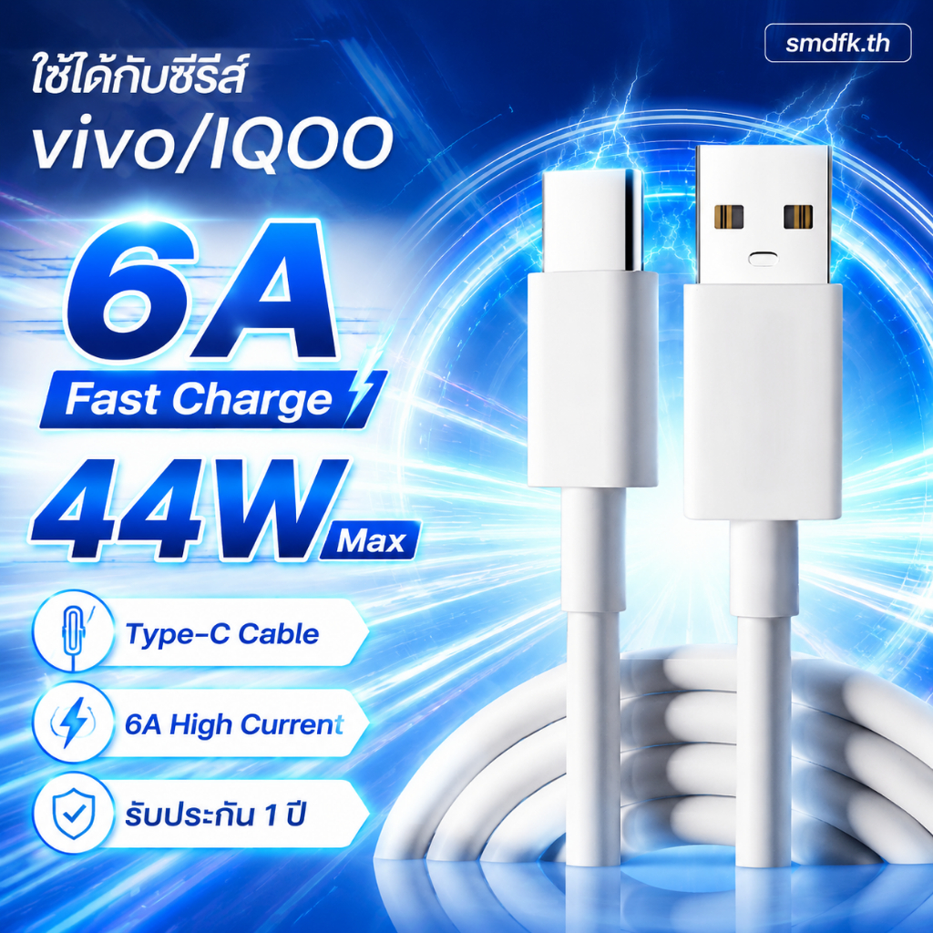 สายชาร์จเร็ว Vivo IQOO 6A 44W USB to Type-C รองรับ 33W ยาว 1m/2m ใช้ได้กับ V25 V23 V21 Y72 Y76 ทนทาน