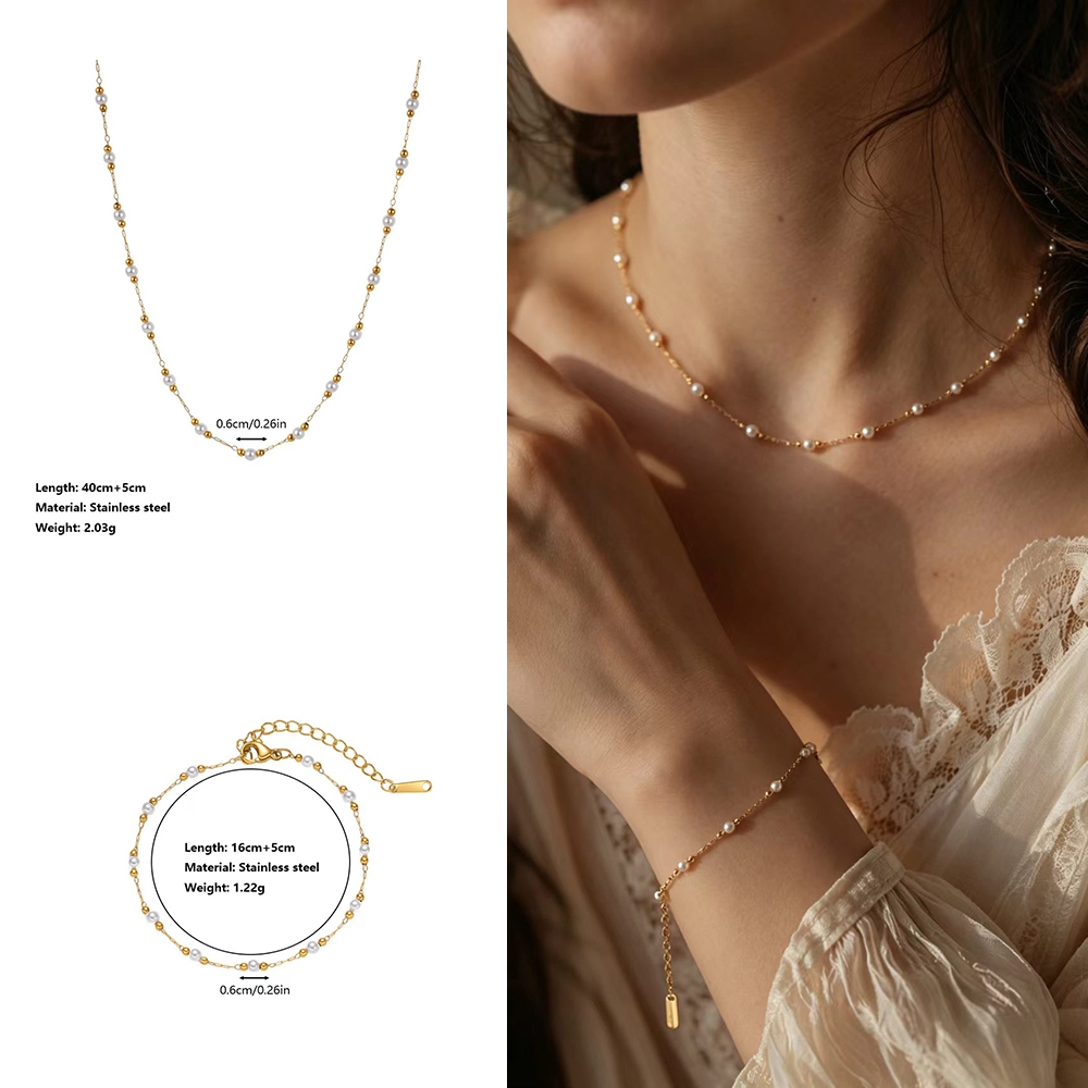 SHINY Pearl สร้อยข้อมือสร้อยคอสแตนเลส, กันน้ํากันเหงื่อจะไม่จางหาย, อารมณ์หรูหราทุกการแข่งขัน, เหมาะสําหรับ Lad
