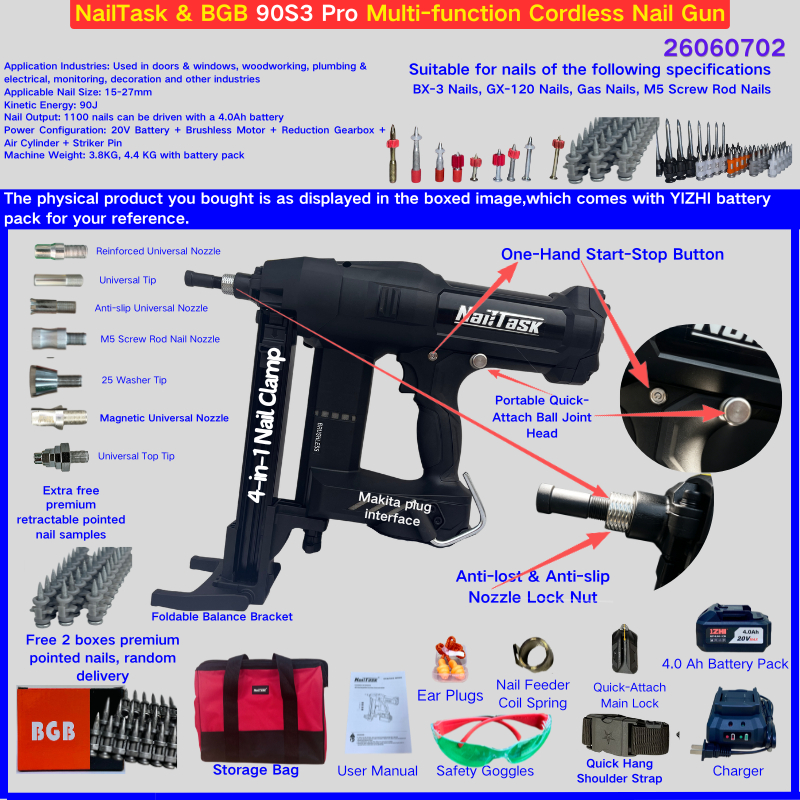 NailTask&BGB 90S3 Pro เข้ากันได้กับปืนยิงตะปูไร้สายลิเธียม Makita, เครื่องยิงเล็บแบบพกพา, เครื่องมือยึดอเนกประสงค์สําหรับประปา, ประตูและ Windows, Wirin ไฟฟ้า