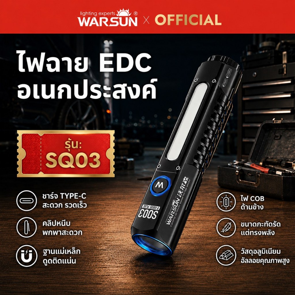 WARSUN SQ03 ไฟฉาย LED ไฟฉุกเฉินแบบชาร์จไฟได้ 8 โหมดสําหรับ Camping และเดินป่า