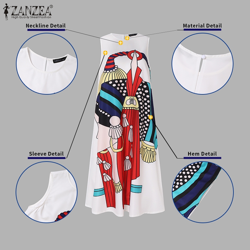 ZANZEA ซานเซีย ชุดเดรสลําลองคอกลมแยกด้านหลังแขนกุดหลวมพิมพ์ลาย — صورة 7