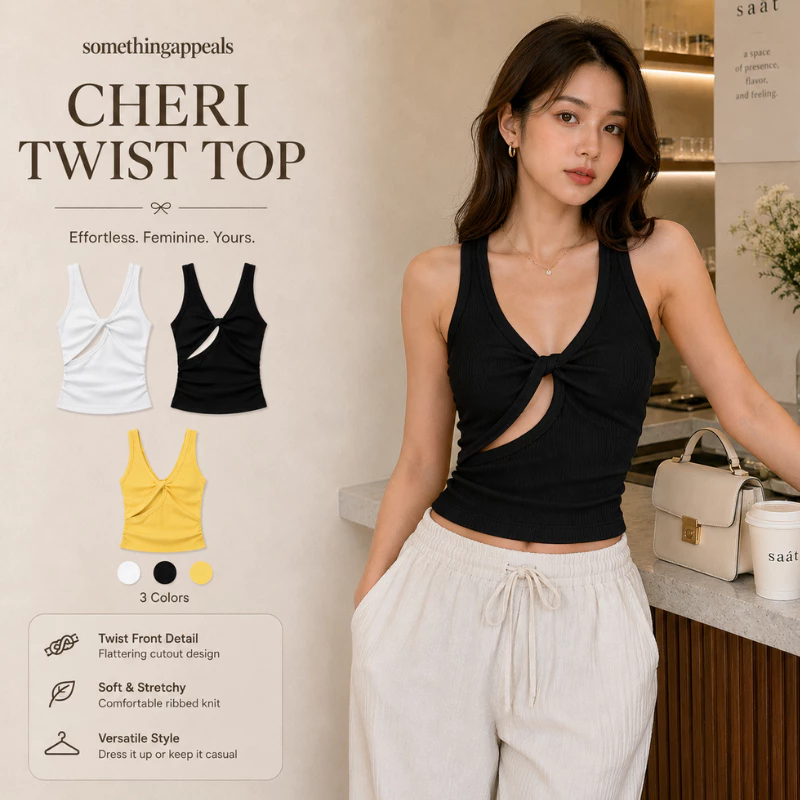 somethingappeals CHERI TWIST TOP มัดปมหน้าตัดช่องโฮลว์ ผ้าร่องยืดรัดรูปสไตล์คาวบอย
