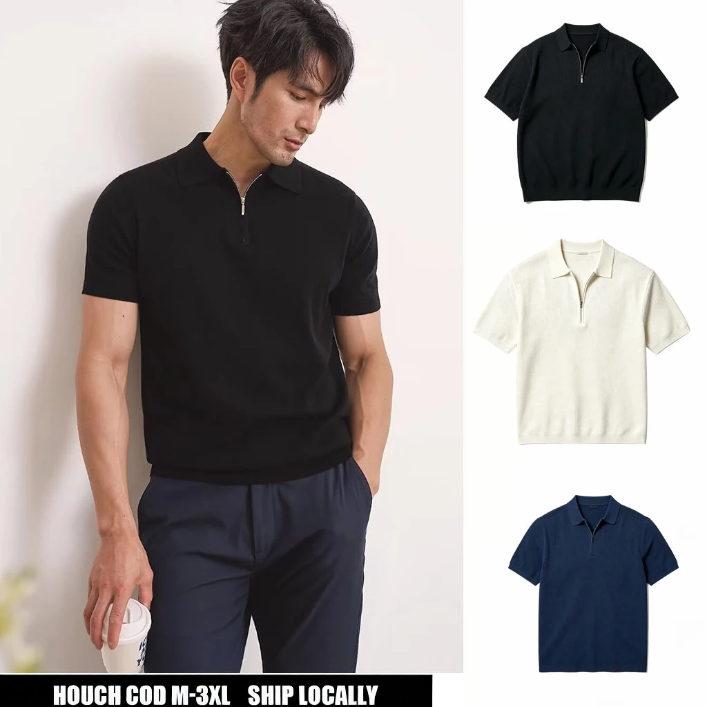 【Houch พร้อมส่ง COD】เสื้อโปโลผู้ชายมีซิปสไตล์เกาหลีสีเรียบสบายไม่ร้อน