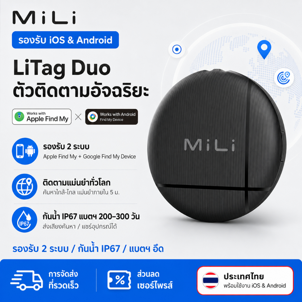 MiLi LiTag Duo เครื่องติดตามอัจฉริยะ รองรับ Apple Find My & Google Find My Device กันน้ำ IP67 แบต 300 วัน Global GPS Tracker