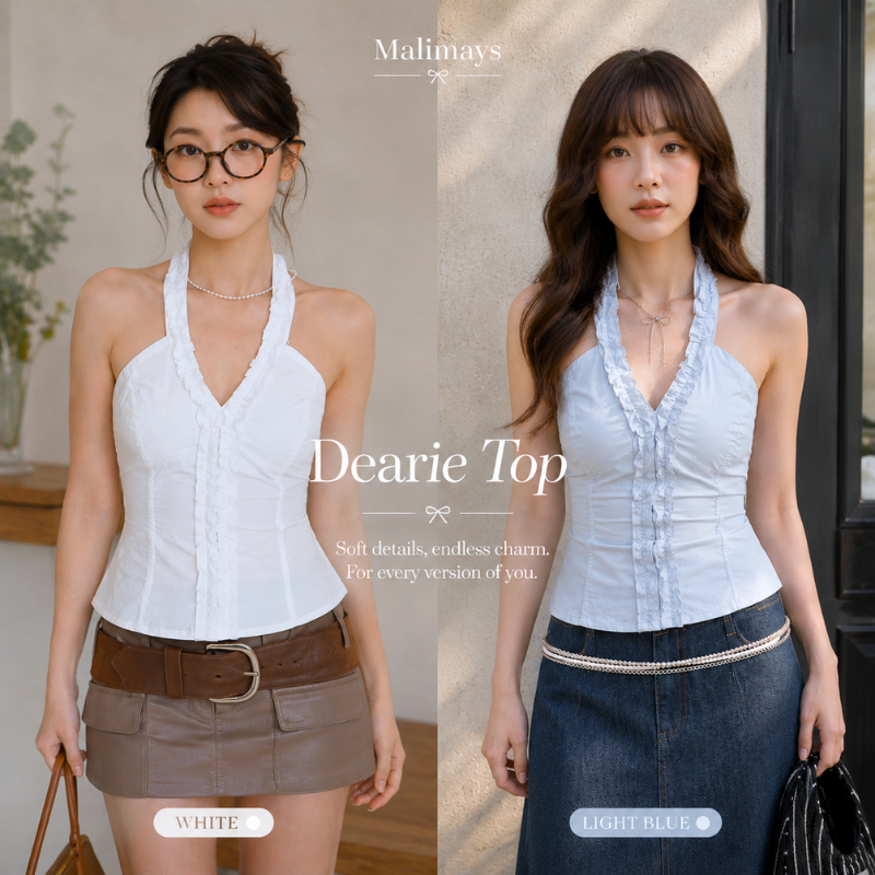 SALE🔥Beming bkk Dearie Top เสื้อกล้าม สายคล้องคอคอวีแต่งระบายลูกไม้ ตัดตะเข็บรัดเอวสไตล์หวานเกาหลี